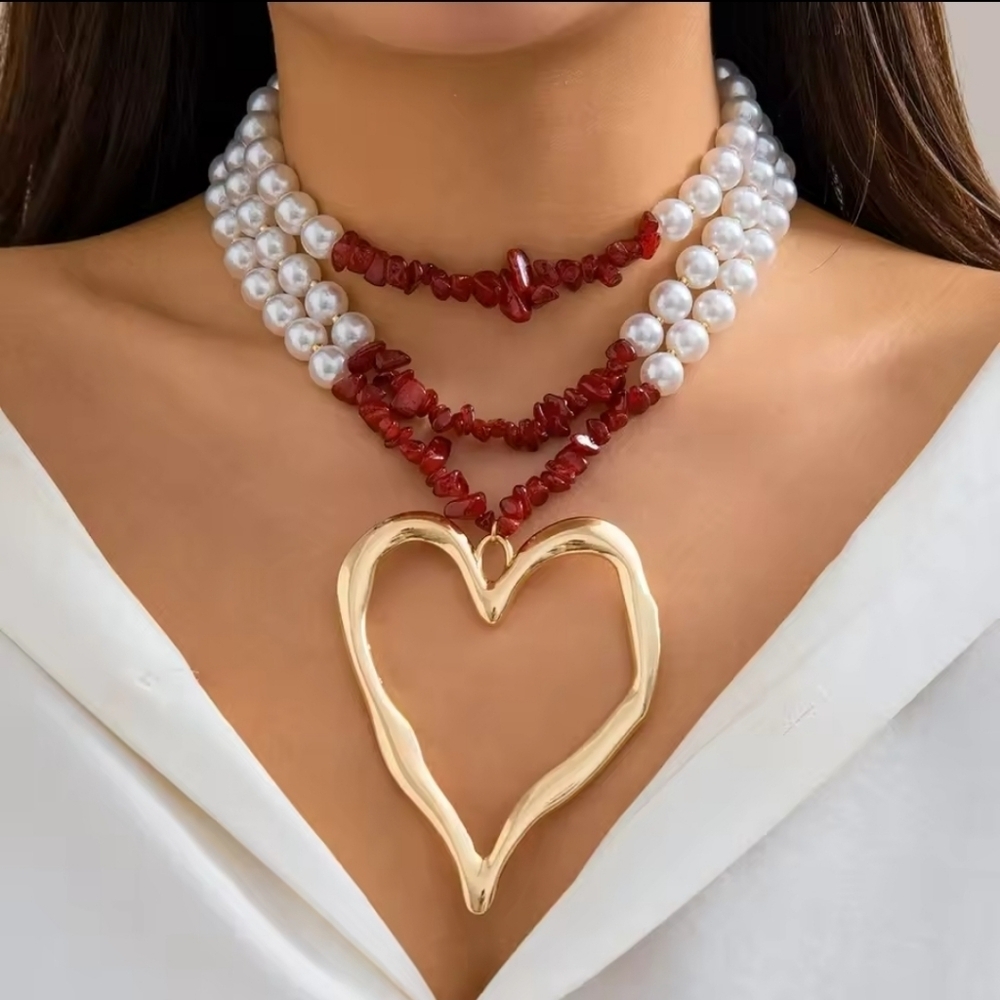 Gold Heart Pendant Necklace with Faux Red Coral & Simulated Pearls